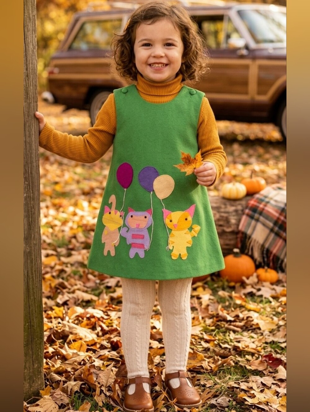 Vintage 70's Chocolate Soup Toddler Dress 3T Colorful Cat & Balloon Appliqués